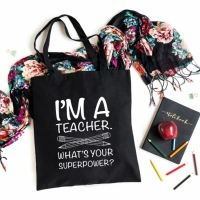 Эко сумка шоппер с принтом Я вчитель I am A Teacher Whats Superpower 39х34 см (Черный)