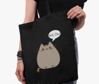 Эко сумка шоппер с принтом Кот Пушин (Pusheen Cat)  39х34 см (Черный)