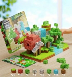 Магнитный конструктор Minecraft Домик с водопадом в лесу на 91 кубиков