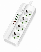 Сетевой удлинитель на 4 розетки с 4 USB-портами и USB Type-C 3м, кнопка включения, белый 5m